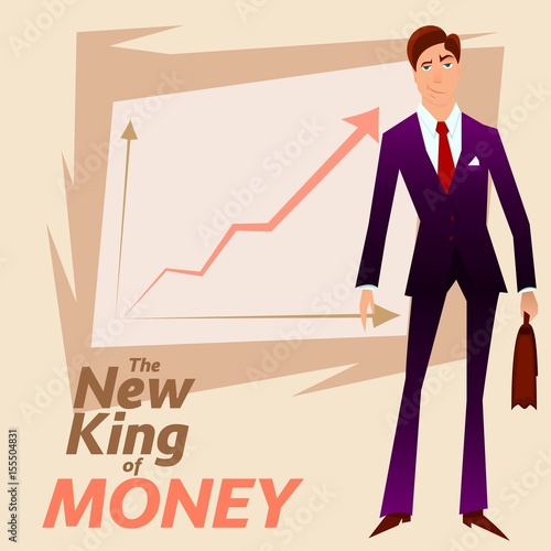 New King of Money.Successful White Collar Character on Income Growth graph background.Rich Merchant Person in Blue Formal Suit.Successful Clerk Character Stocks Broker on Income Growth Chart Plan.
