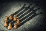 Chess pawn standing together, arranged in a circle joining the power, casting a crown shaped shadow. Business group leadership and team working concept. Belief in success.