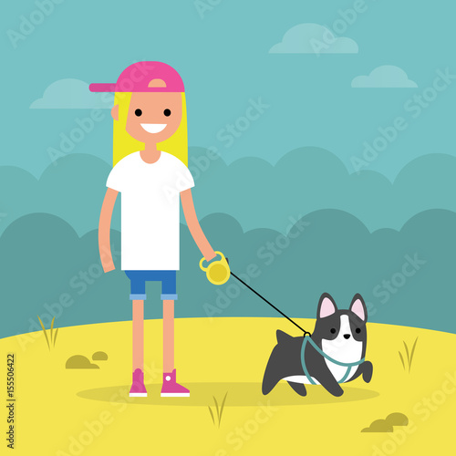 Young smiling blond girl walking the dog / flat editable vector illustration