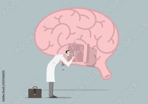 Brain Diseases Research Concept: Doctor with magnifying glass looking inside a brain.