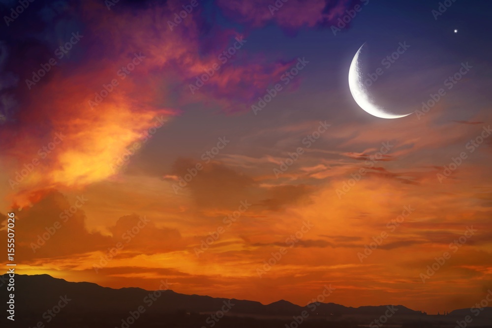 Generous Ramadan with mosque silhouettes . Ramadan background . Eid Mubarak background .Sunset and new moon .Paradise heaven