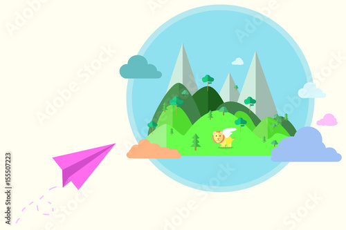 Imagination concept dreaming abstract in flat cartoon style with heaven, paper plane , tree , stars, plane, clouds , lion , mountains, vector illustration EPS10.