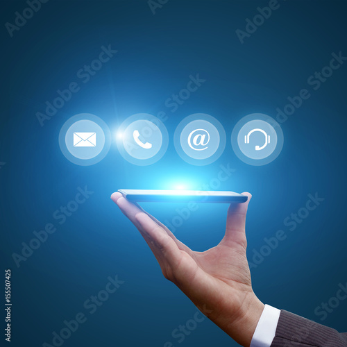 Businessman Showing contact us buttons .