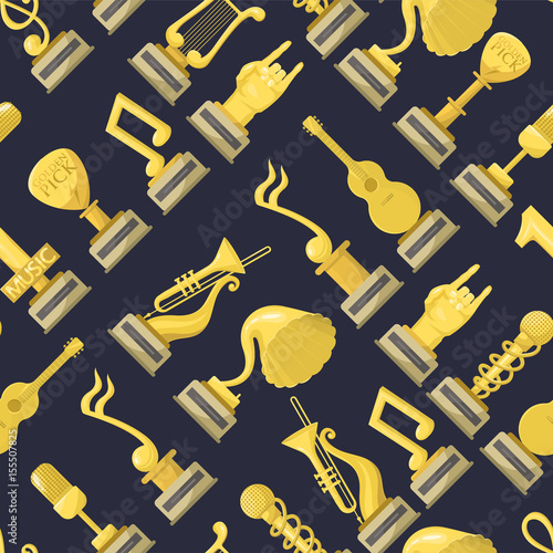 Cartoon music award statuette entertainment winner top artist achievement prize vector illustration seamless pattern background