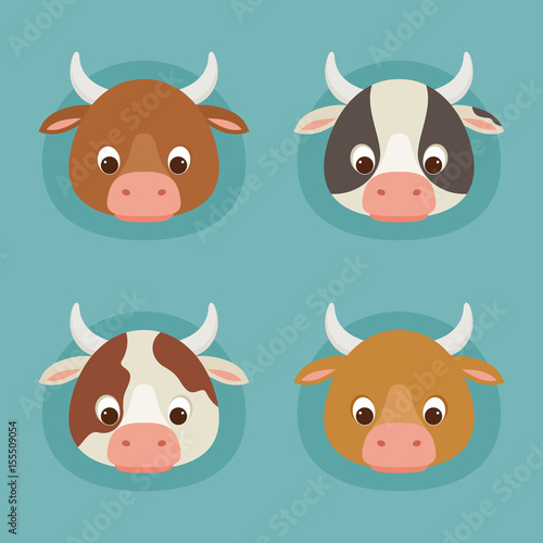 Four cute cartoon cow heads