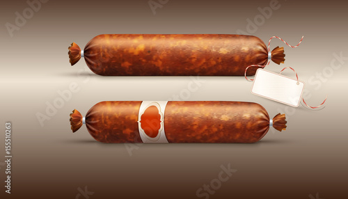 Vector object. Smoked sausage (salami) in realism style, isolated on a brown background. Element for design