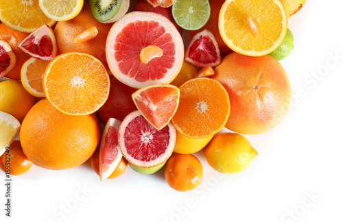 Fresh juicy citrus fruits on white background