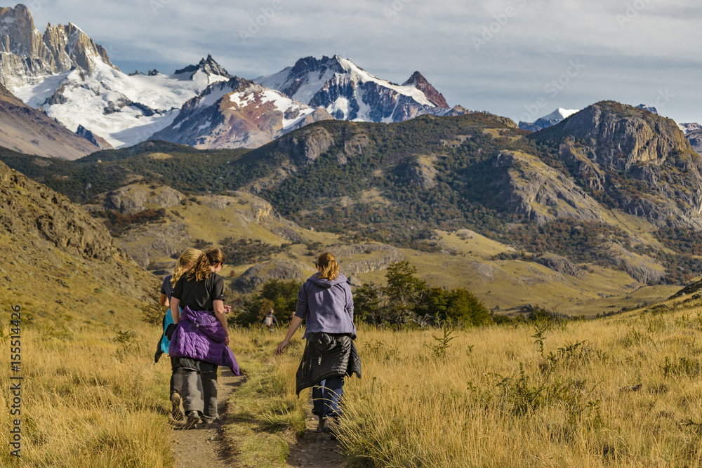 Young Women Walking at Trekking Road. El Chalten  - Argentina