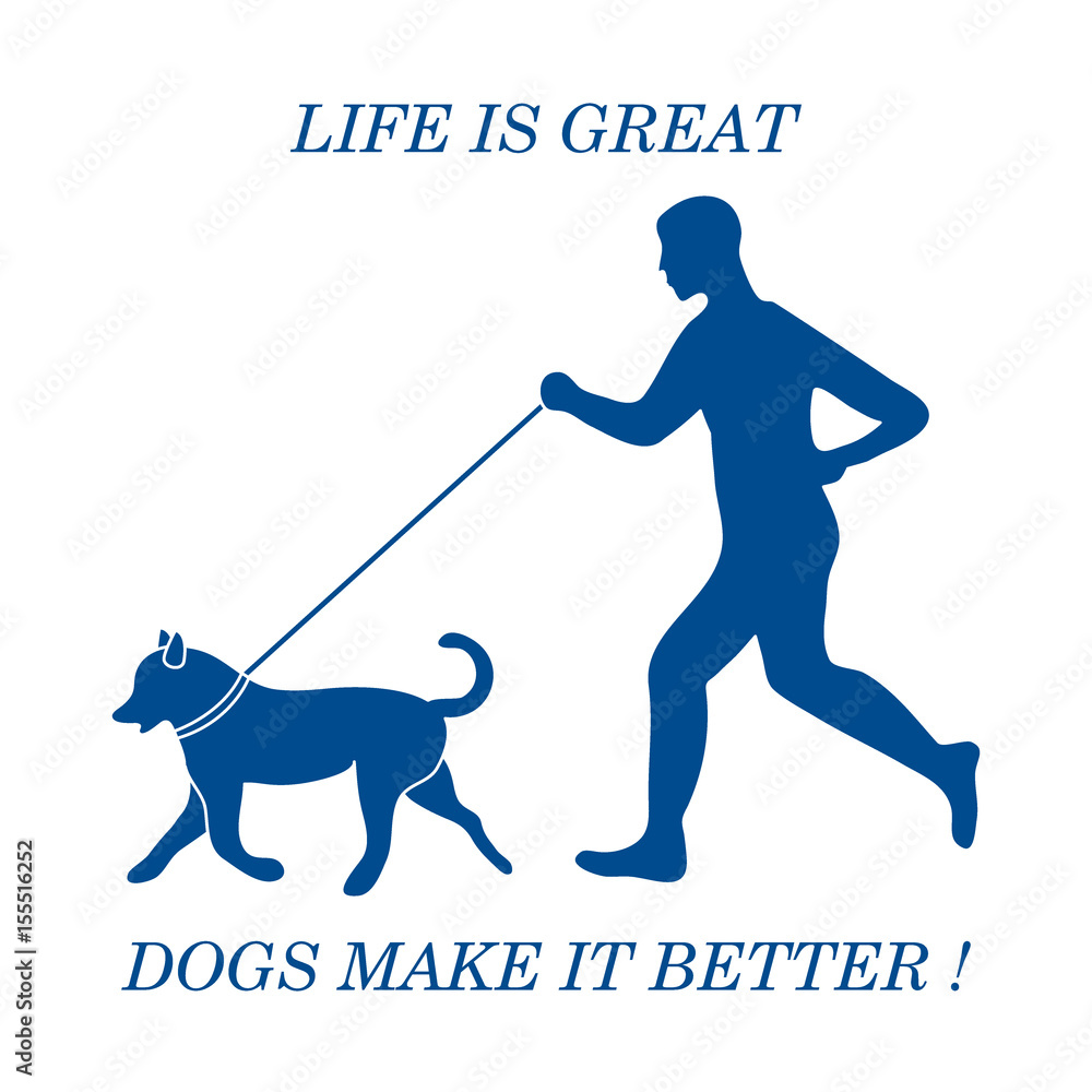 Naklejka premium Silhouette of man jogging with dog on leash.