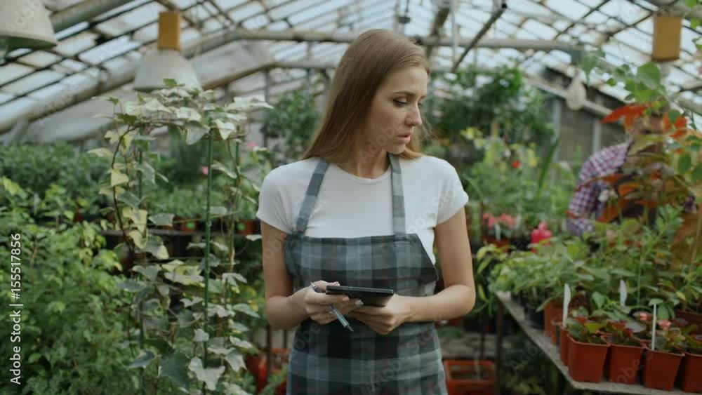 Dolly shot of Young woman working in garden center. Attractive girl check and count flowers using tablet computer during work in greenhouse Dolly shot of Young woman working in garden center. Attractive girl check and count flowers using tablet computer during work in greenhouse