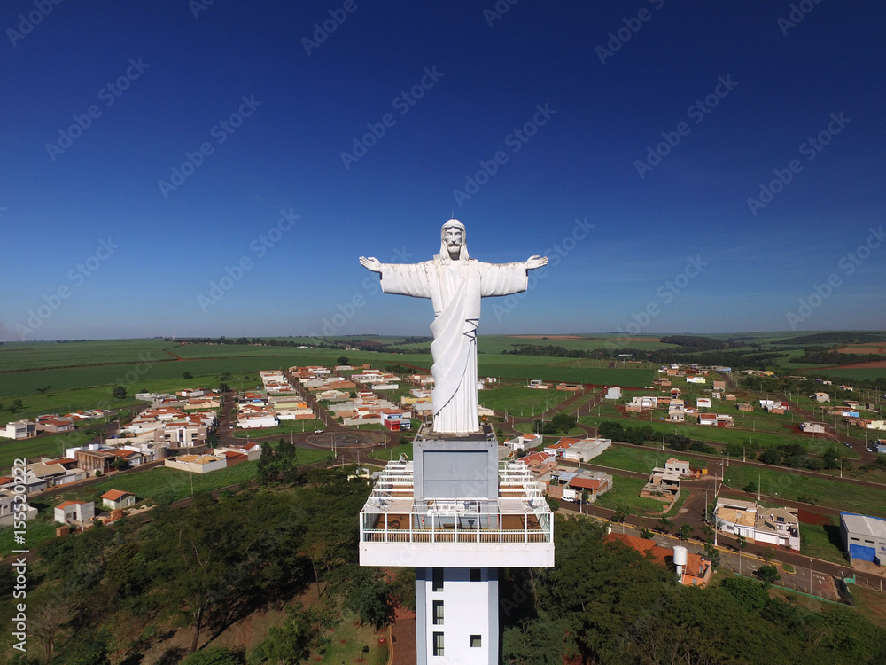 Aerial view of Christ the Redeemer in the city of Sertaozinho, Sao Paulo, Brazil.