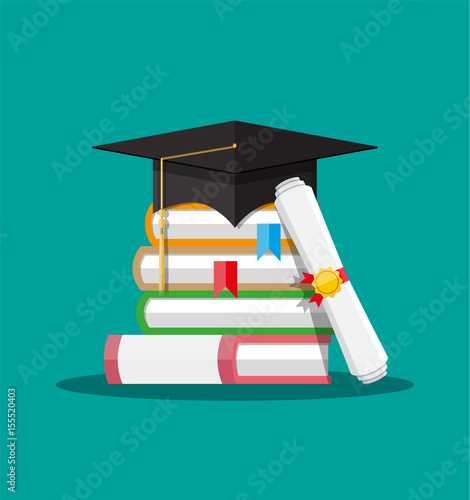 Paper diploma with stamp, books and graduation cap