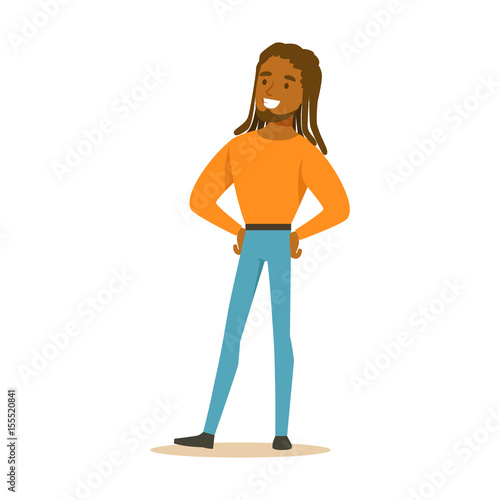 Smiling African American man with dreadlocks standing. Colorful cartoon character vector Illustration