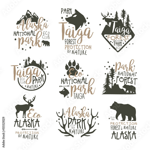 Alaska national park labels set. Forest protection hand drawn vector Illustrations