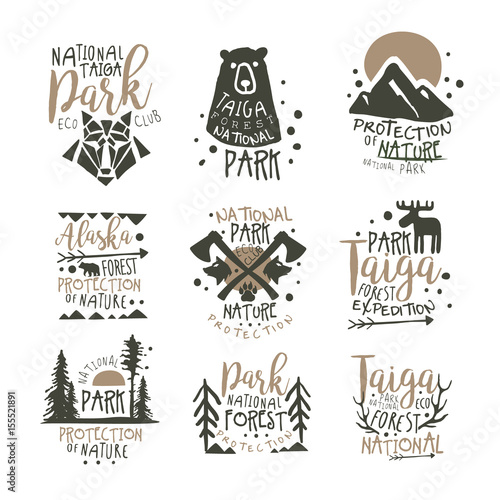 National park eco club labels set. Nature protection hand drawn vector Illustrations