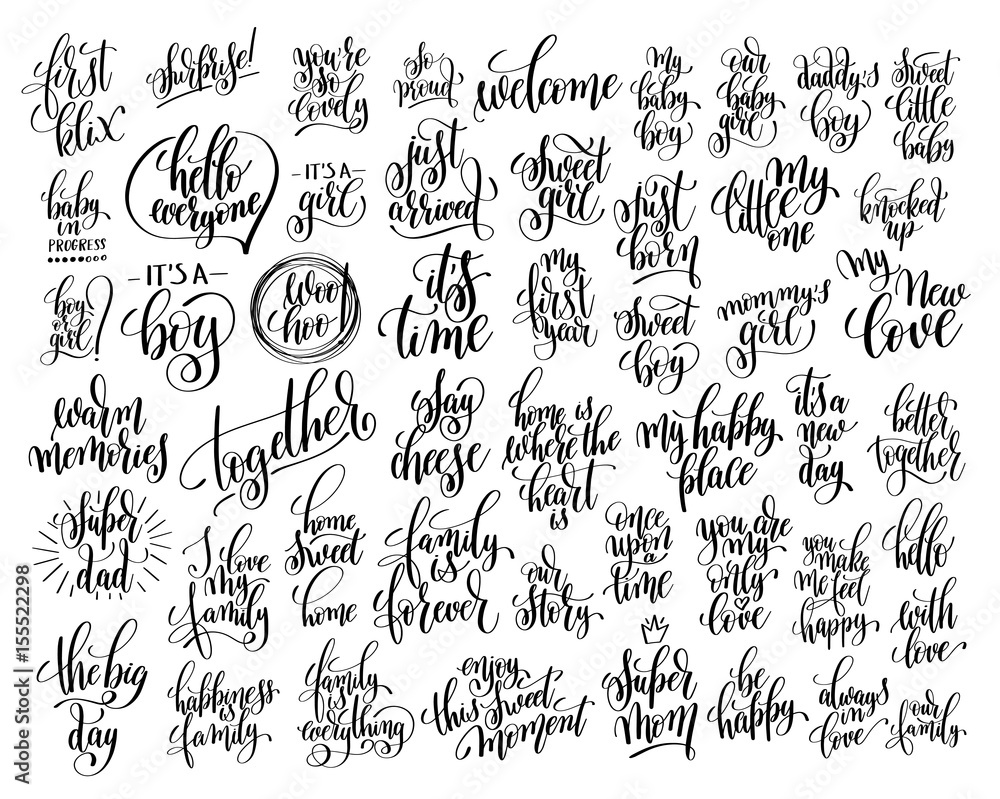 set of 50 hand written lettering about family and baby born set of 50 hand written lettering about family and baby born