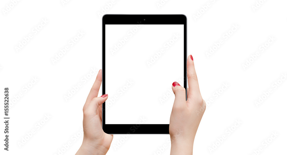 Black tablet in female hands isolated on white background Black tablet in female hands isolated on white background