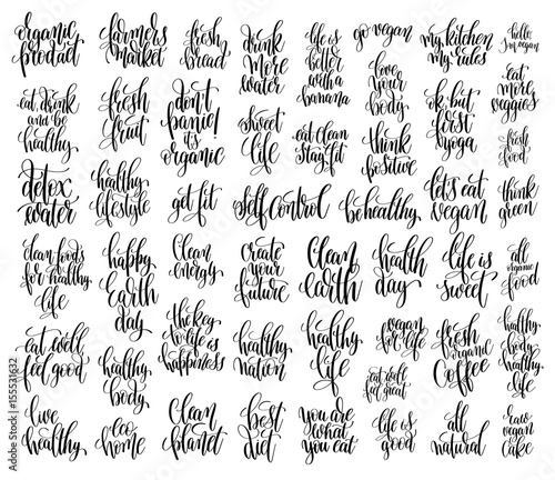 set of 50 hand lettering inscriptions about healthy life