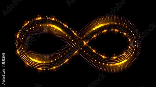 Lighting 3d infinity symbol. Beautiful glowing signs..Sparkling rings. Swirl icon on black background..Luminous trail effect. Colorful isolated sparkling loop.