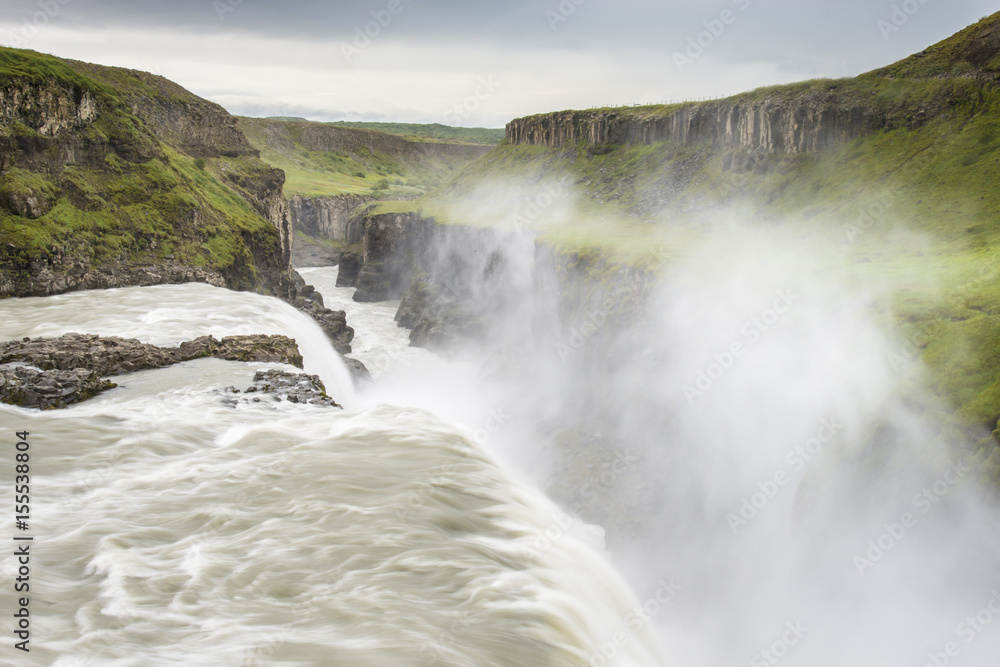 Great Gullfoss waterfall with fog, Iceland