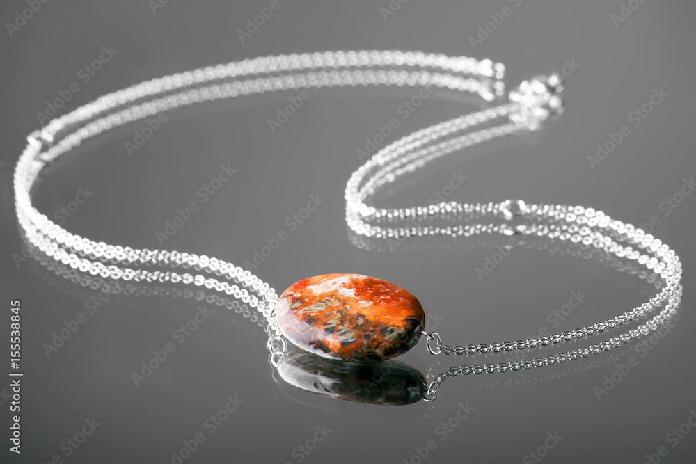 Photo Art Print jasper jade pendant fiery red Jasper on a silver chain on the black glamorous ba Unive