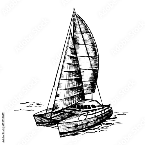 Catamaran sailboat monochrome vector sketch with stylized waves. Sea summer regatta yahtiny extreme sports racing, floating on the water surface.