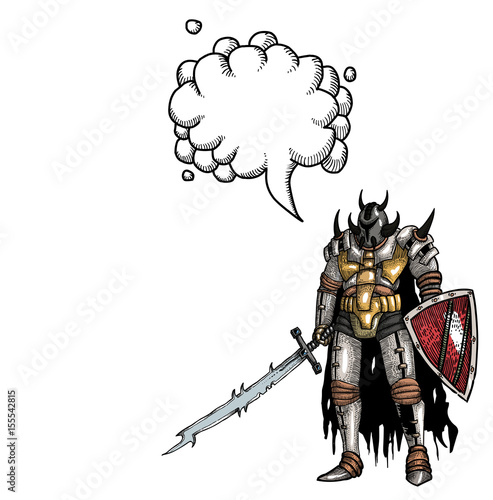 Cartoon image of warrior with sword. An artistic freehand picture. With speech bubble.