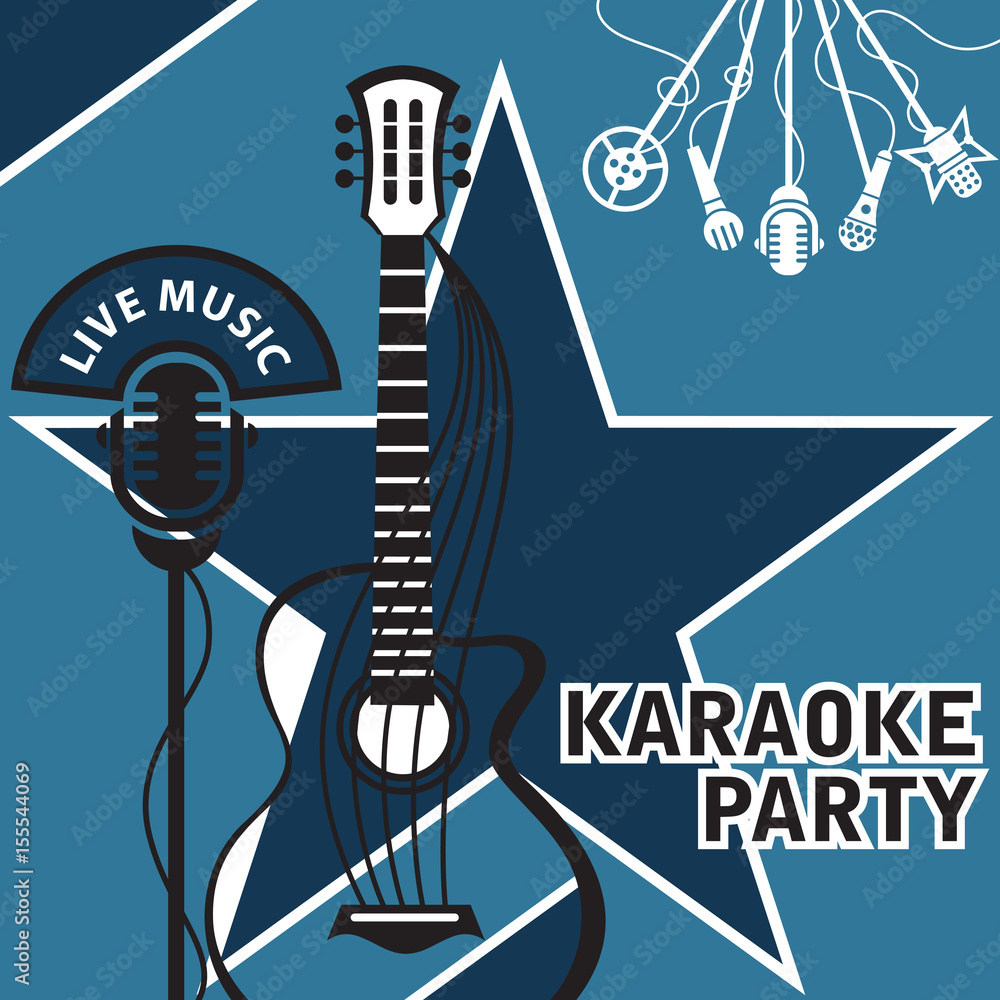 Naklejka premium banner with microphone and guitar for karaoke 