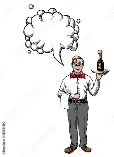 Cartoon image of waiter. An artistic freehand picture. With speech bubble.