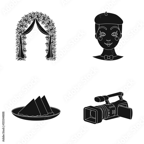The arch is decorated with roses and silk, a clown in a cap, a plate with red napkins, a video camera. Event services set collection icons in black style vector symbol stock illustration web.