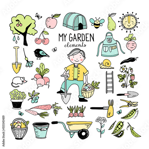 Boy and garden elements, collection of vector garden elements, hand drawn illustration
