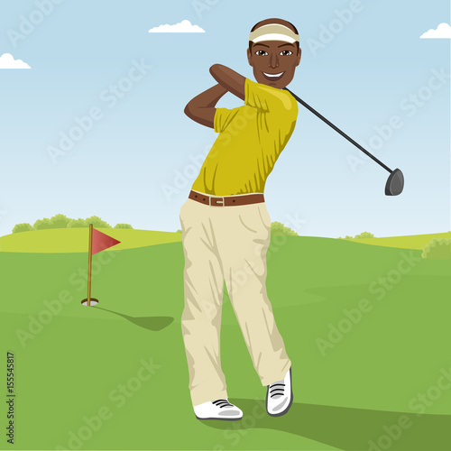 African american male golf player hitting the ball. Professional male golfer on golf course.