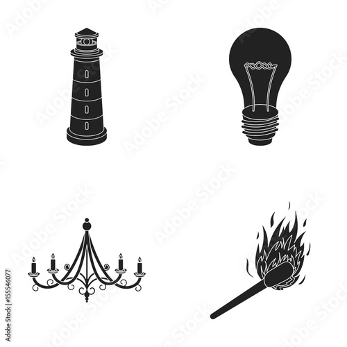 A lighthouse, an incandescent lamp, a chandelier with candles, a burning match.Light source set collection icons in black style vector symbol stock illustration web. photo