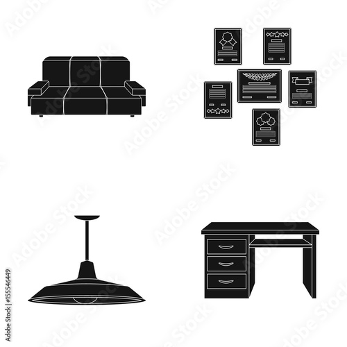 Comfortable sofa, letters and diplomas within the framework, an office ceiling lamp, a desk with drawers. Office Furniture set collection icons in black style vector symbol stock illustration web.