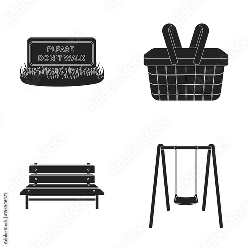 Lawn with a sign, a basket with food, a bench, a swing. Park set collection icons in black style vector symbol stock illustration web.