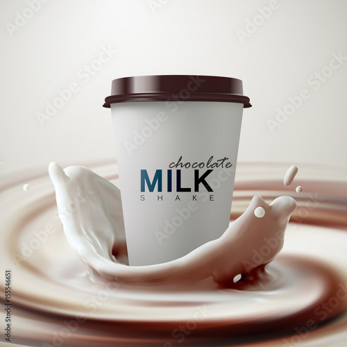 Paper milkshake cup with chocolate milk crown splash
