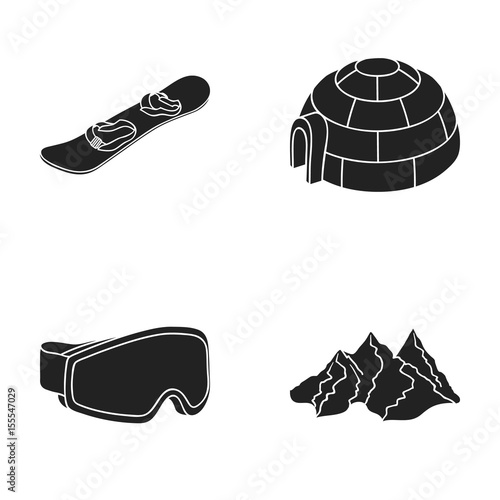 Mountains, goggles, an igloo, a snowboard. Ski resort set collection icons in black style vector symbol stock illustration web.