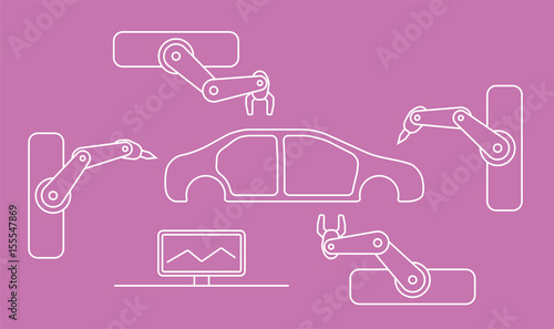 Thin line style car assembly line. Automatic auto production conveyor. Robotic car industry concept. Vector illustration.