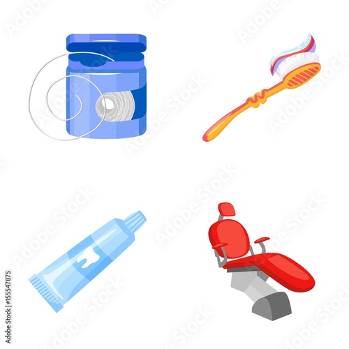 Dental floss, toothbrush, toothpaste, dental chair. Dental care set collection icons in cartoon style vector symbol stock illustration web.