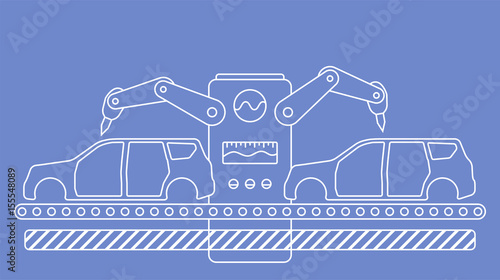 Thin line style car assembly line. Automatic auto production conveyor. Robotic car industry concept. Vector illustration.