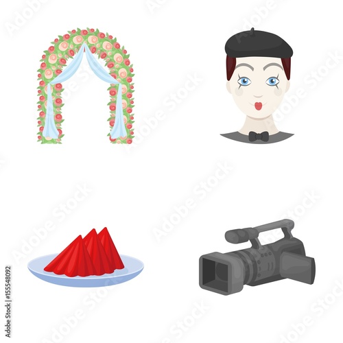 The arch is decorated with roses and silk, a clown in a cap, a plate with red napkins, a video camera. Event services set collection icons in cartoon style vector symbol stock illustration web.