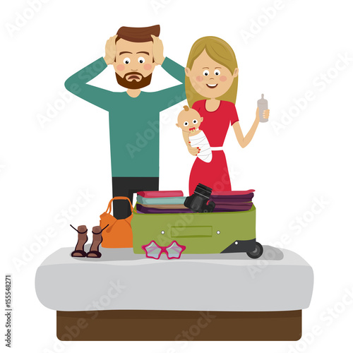 Shocked father looking at overfilled suitcase while mother holding baby smiling