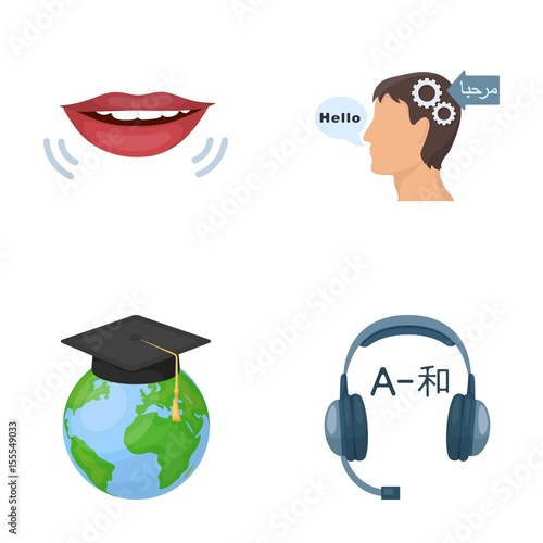The mouth of the person speaking, the person's head translating the text, the globe with the master's cap, the headphones with the translation. Interpreter and translator set collection icons in