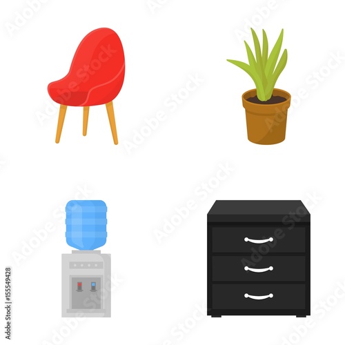 A red chair with a comfortable back, an aloe flower in a pot, an apparatus with clean water, a cabinet for office papers. Office Furniture set collection icons in cartoon style vector symbol stock