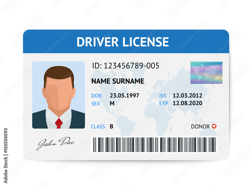 Tableau sur toile Flat man driver license plastic card template, id card vector illustration