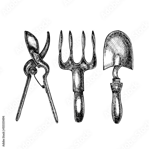 Grafic illustration of garden tools. Isolated on white background.