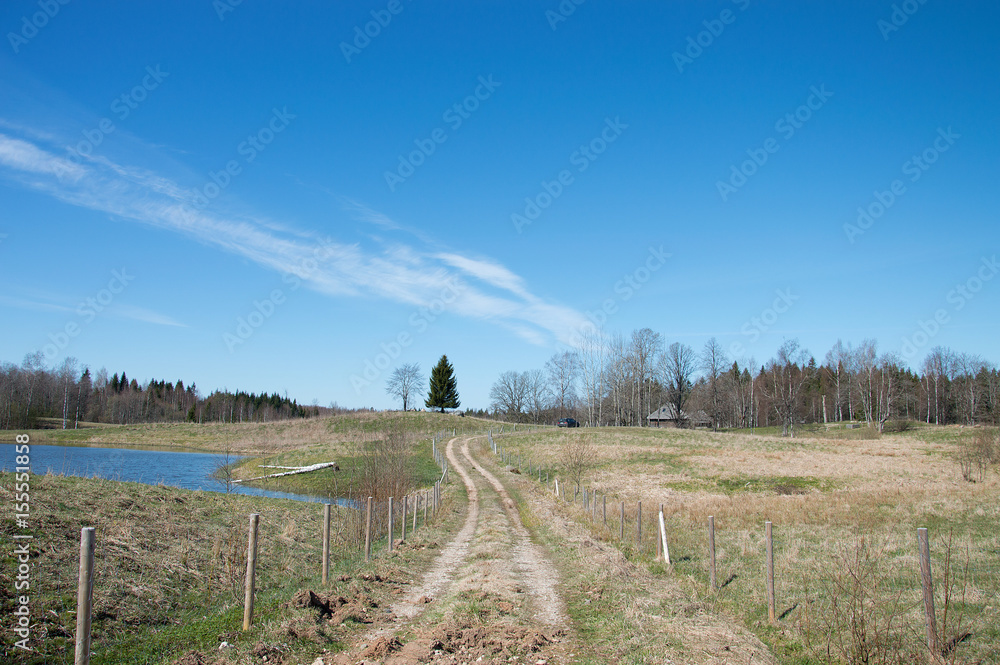 Countryside landscape with a dirt road leading to a wooden cottage and electric fence for sheep yard. Isolated trees on top of the hill and blue sky with a forest in the distance.
