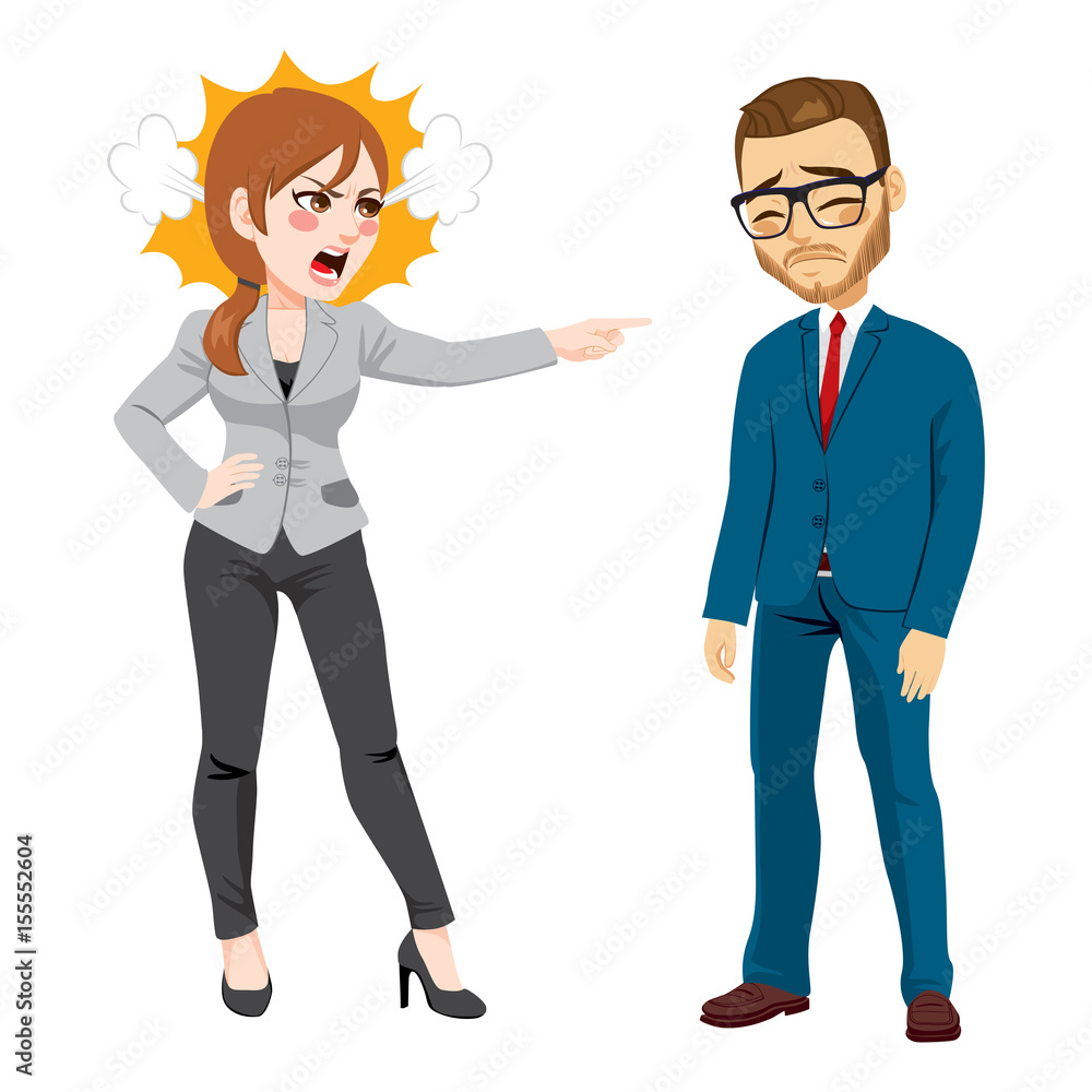 Angry businesswoman firing young sad businessman standing on white background