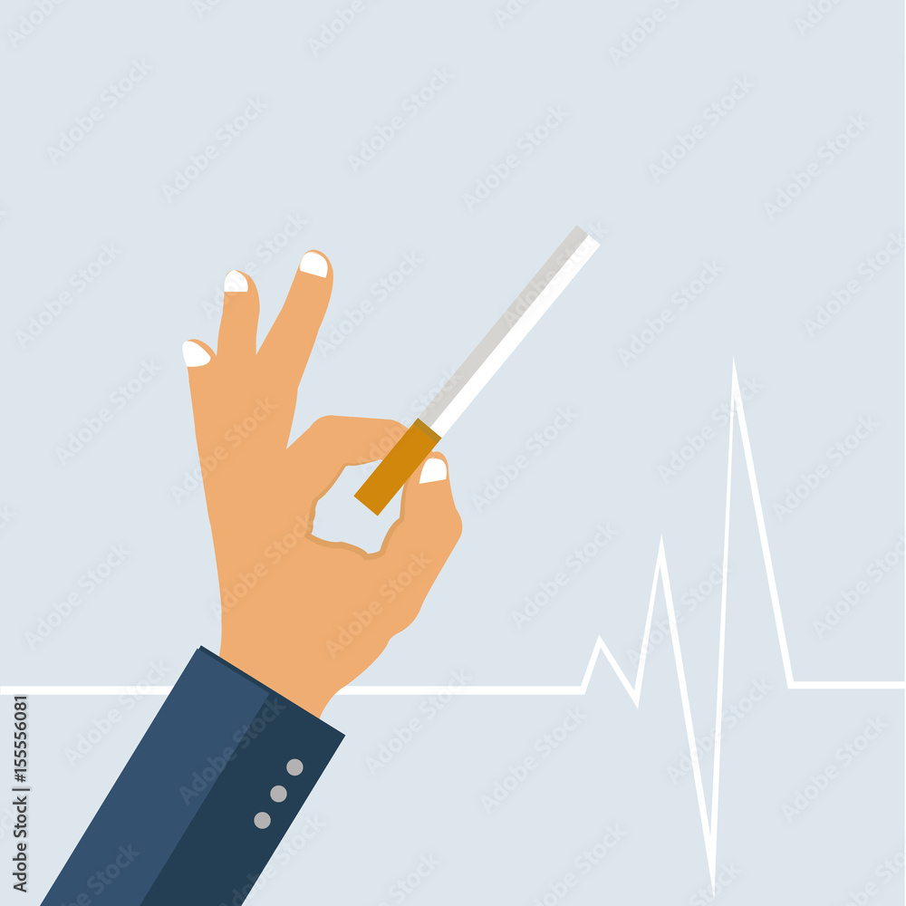 Hand holds cigarette with two fingers, behind vital line, light blue background Hand holds cigarette with two fingers, behind vital line, light blue background