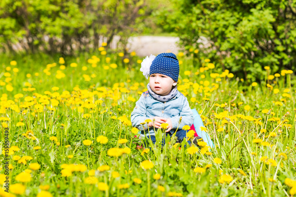Beautiful happy little baby girl sitting on a green meadow with yellow flowers dandelions on the nature in the park. Beautiful happy little baby girl sitting on a green meadow with yellow flowers dandelions on the nature in the park.